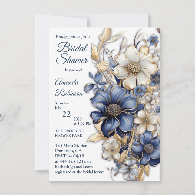 Invitación Azul Suave, Flores Blancas & Grabados en Oro (Anverso)