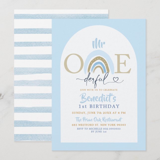 Invitación Azul suave Minimalista Sr. Onemaravilloso cumpleañ (Anverso / Reverso)