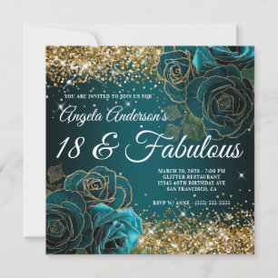Invitación Azul Teal Floral Dorado Brillante Glam 18 y Fabulo