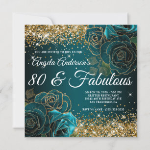 Invitación Azul Teal Floral Dorado Brillante Glam 80 y Fabulo