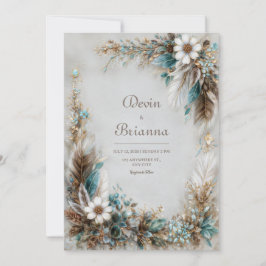 Invitación Azul Teal Marrón Pluma Blanca Floral Boda