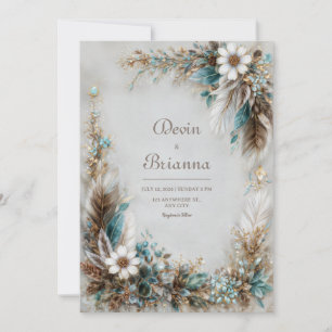 Invitación Azul Teal Marrón Pluma Blanca Floral Boda