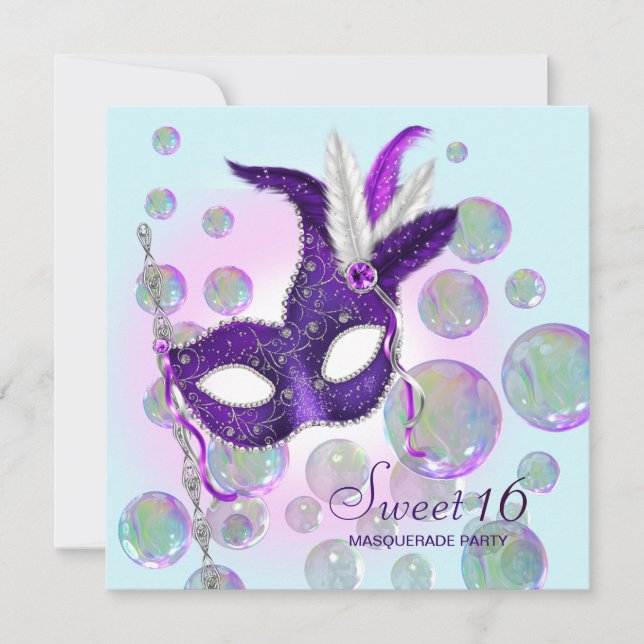 Invitación Azul Teal Morado Burbujas Dulces Dieciséis Masquer (Anverso)