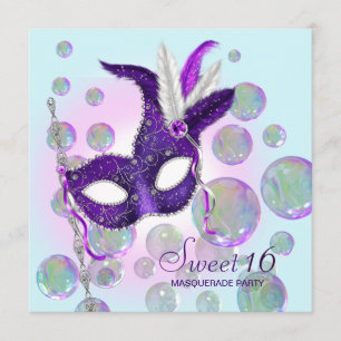 Invitación Azul Teal Morado Burbujas Dulces Dieciséis Masquer