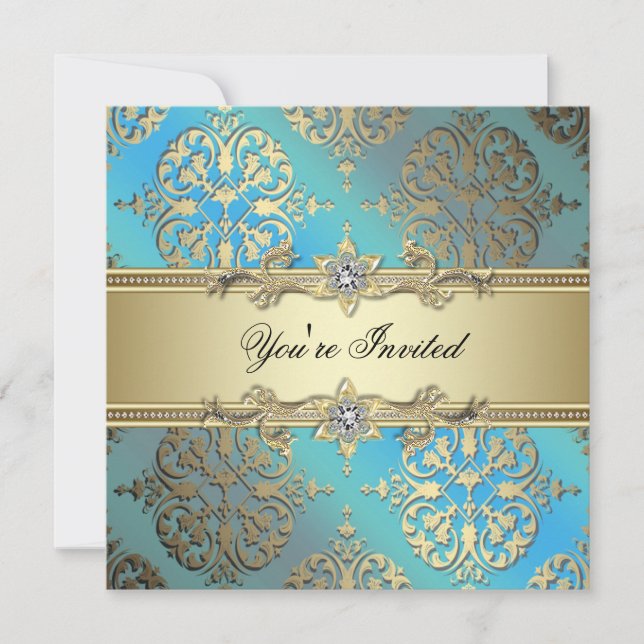 Invitación Azul Teal Negro Dorado Damask Fiesta (Anverso)