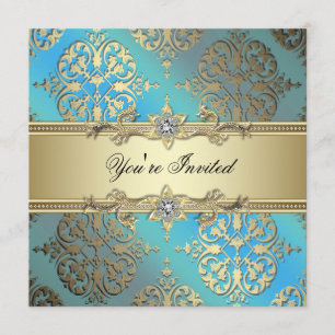 Invitación Azul Teal Negro Dorado Damask Fiesta