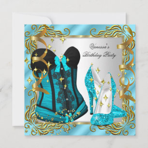 Invitación Azul Teal Oro Plata Corsé Tacón Alto Fiesta