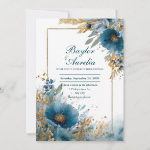 Invitación Azul Teal Profundo Brillo de Lámina Dorada Acuarel