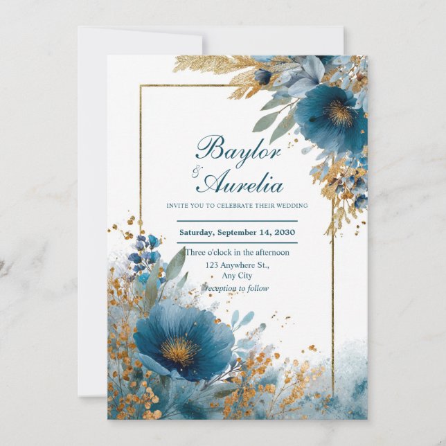 Invitación Azul Teal Profundo Brillo de Lámina Dorada Acuarel (Anverso)
