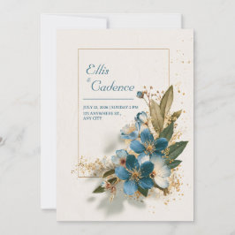 Invitación Azul Teal Profundo con Motas Doradas Floral Acuare