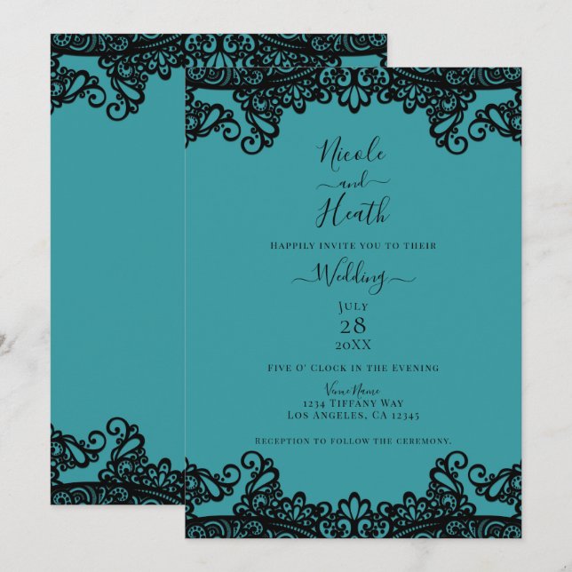 Invitación Azul Teal Verde y Encaje Negro Elegante Boda     (Anverso / Reverso)