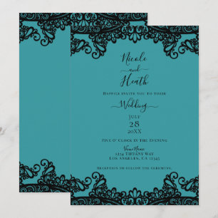 Invitación Azul Teal Verde y Encaje Negro Elegante Boda    