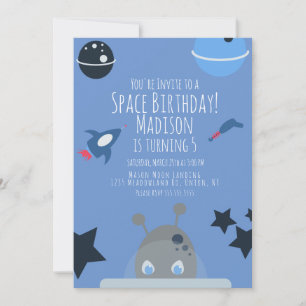 Invitación azul temática de alienígena para cumple
