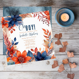 Invitación Azul | Terracota Oh Boy Fall Floral Baby Shower