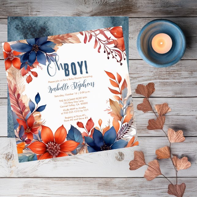 Invitación Azul | Terracota Oh Boy Fall Floral Baby Shower (Boho Blue and Terracotta Fall |  Autumn Floral "Oh Boy!" Baby Shower Square Invitation)