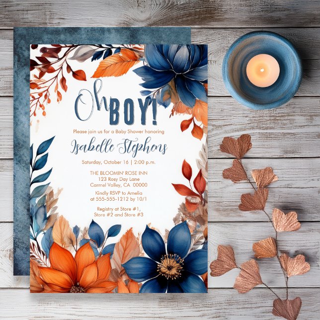 Invitación Azul | Terracota Oh Boy Fall Floral Baby Shower (Boho Blue and Terracotta Fall |  Autumn Floral "Oh Boy!" Baby Shower Invitation - Print | Digital)