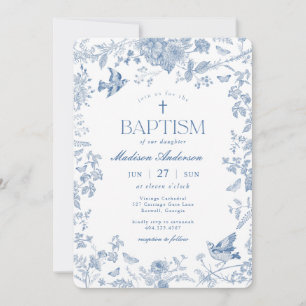 Invitación Azul Toile De Jouy Floral Francés Bautizo