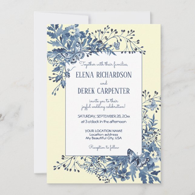 Invitación Azul turbio, amarillo pálido Boda acuarela floral (Anverso)