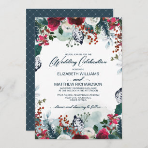 Invitación Azul turbio   Boda del Bloom Rojo Borgoñés