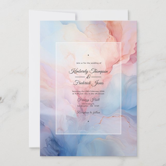 Invitación Azul turbio, Boda Rubor rosado y plateado de tinta (Anverso)