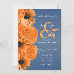 Invitación Azul turbio con Rosa Naranja y margarita
