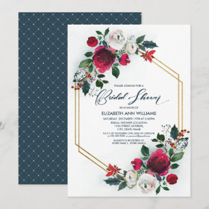 Invitación Azul turbio Ducha nupcial de la flor roja borgoñ