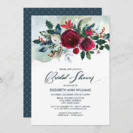 Invitación Azul turbio | Ducha nupcial de la flor roja borgoñ