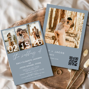 Invitación Azul turbio El Boda del código QR de la foto Elega