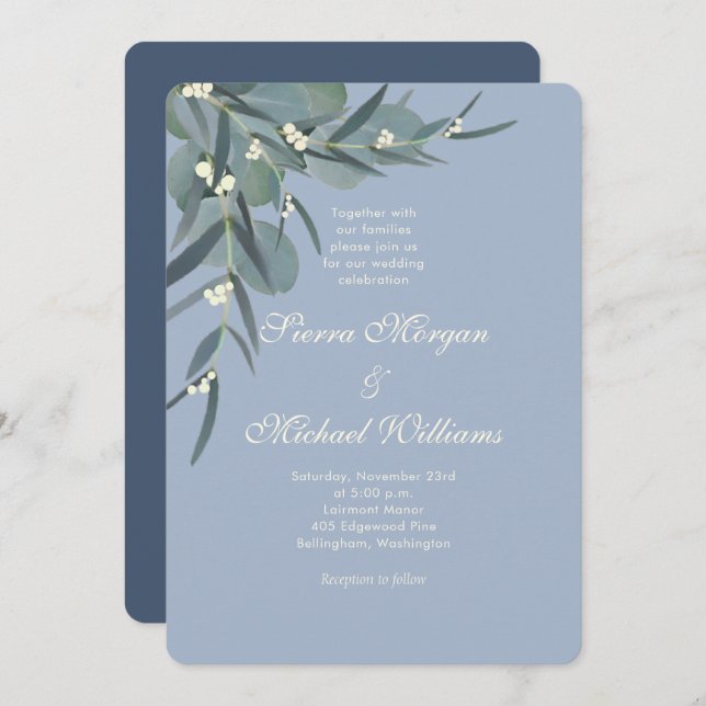 Invitación Azul turbio | Eucalyptus Boda Botánico (Anverso / Reverso)