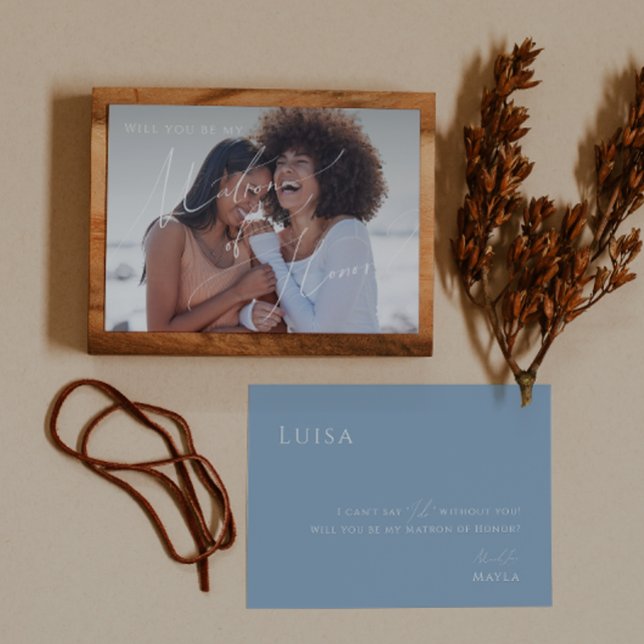 Invitación Azul turbio | Faded Photo Matron of Honor Card (Subido por el creador)