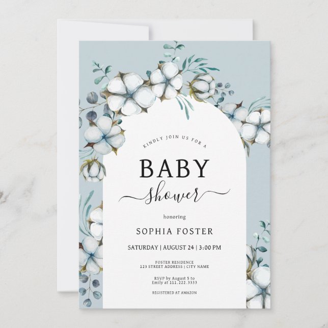 Invitación Azul turbio, flores de algodón, Baby Shower de arc (Anverso)