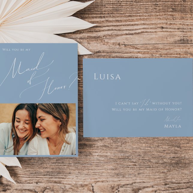 Invitación Azul turbio | Foto Maid of Honor Propuesta Card (Subido por el creador)