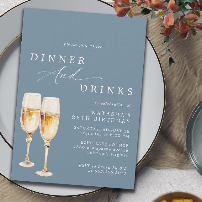 Invitación Azul turbio | Moderna cena de cumpleaños de Champa (Subido por el creador)