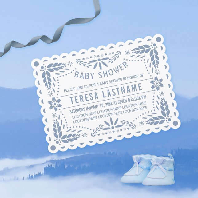 Invitación Azul turbio papel picado de niño blanco ducha de b (Subido por el creador)