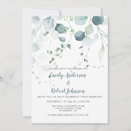 Invitación Azul turbio y eucalipto verde sabio sobre blanco