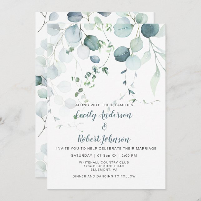 Invitación Azul turbio y eucalipto verde sabio sobre blanco (Anverso / Reverso)