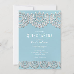 Invitación Azul Turquesa Blanco Encaje Corazón Quinceañera Fi