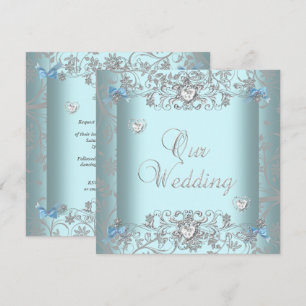 Invitación Azul Turquesa Damask Boda Corazones de Diamantes d