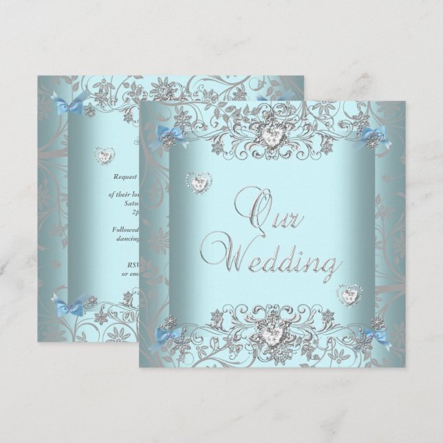 Invitación Azul Turquesa Damask Boda Corazones de Diamantes d (Anverso / Reverso)