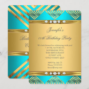 Invitación Azul Turquesa Deco Raya Diamante Dorado Fiesta