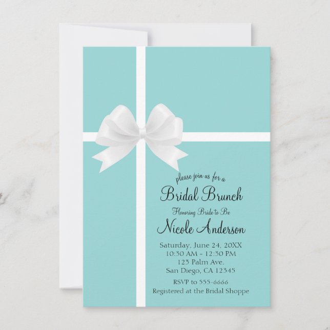 Invitación Azul turquesa Gran Ducha Británica Bow Blanco (Anverso)