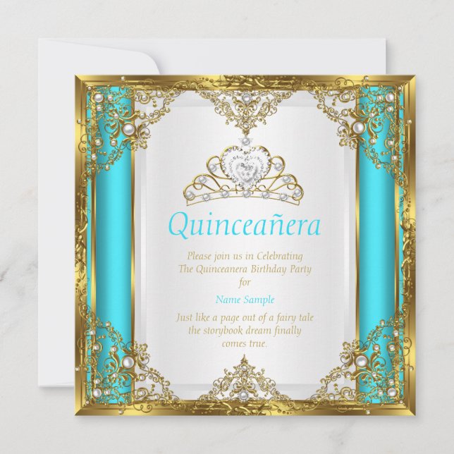 Invitación Azul Turquesa Oro Blanco Perla Princesa Quinceañer (Anverso)