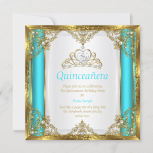 Invitación Azul Turquesa Oro Blanco Perla Princesa Quinceañer