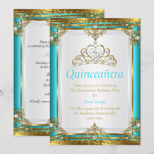 Invitación Azul Turquesa Oro Blanco Perla Princesa Quinceañer