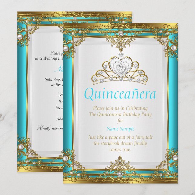 Invitación Azul Turquesa Oro Blanco Perla Princesa Quinceañer (Anverso / Reverso)
