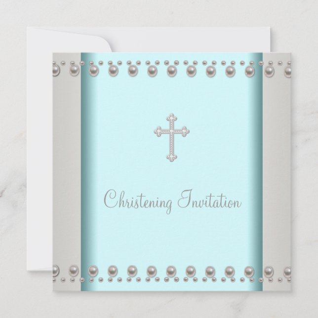 Invitación Azul Turquesa Perla Cruz Bautizo de Bebé (Anverso)
