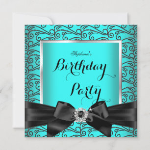 Invitación Azul Turquesa Plateado Negro Diamantes Fiesta de C