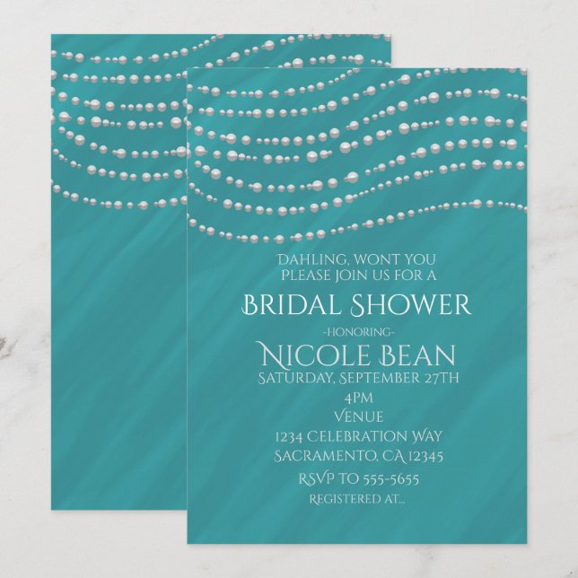 Invitación Azul turquesa y perlas elegante ducha de novia (Anverso / Reverso)