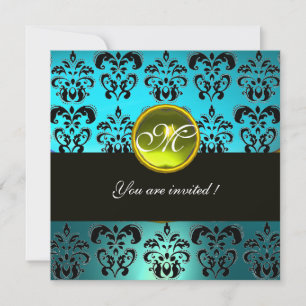 Invitación AZUL TURQUÍA NEGRO DAMASCA MONOGRAM, topaz amarill