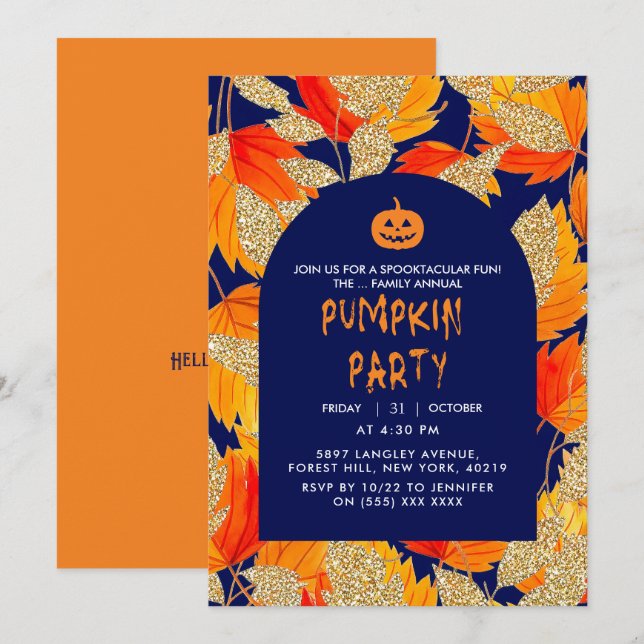 Invitación Azul | Un Purpurina falso moderno deja Halloween (Anverso / Reverso)